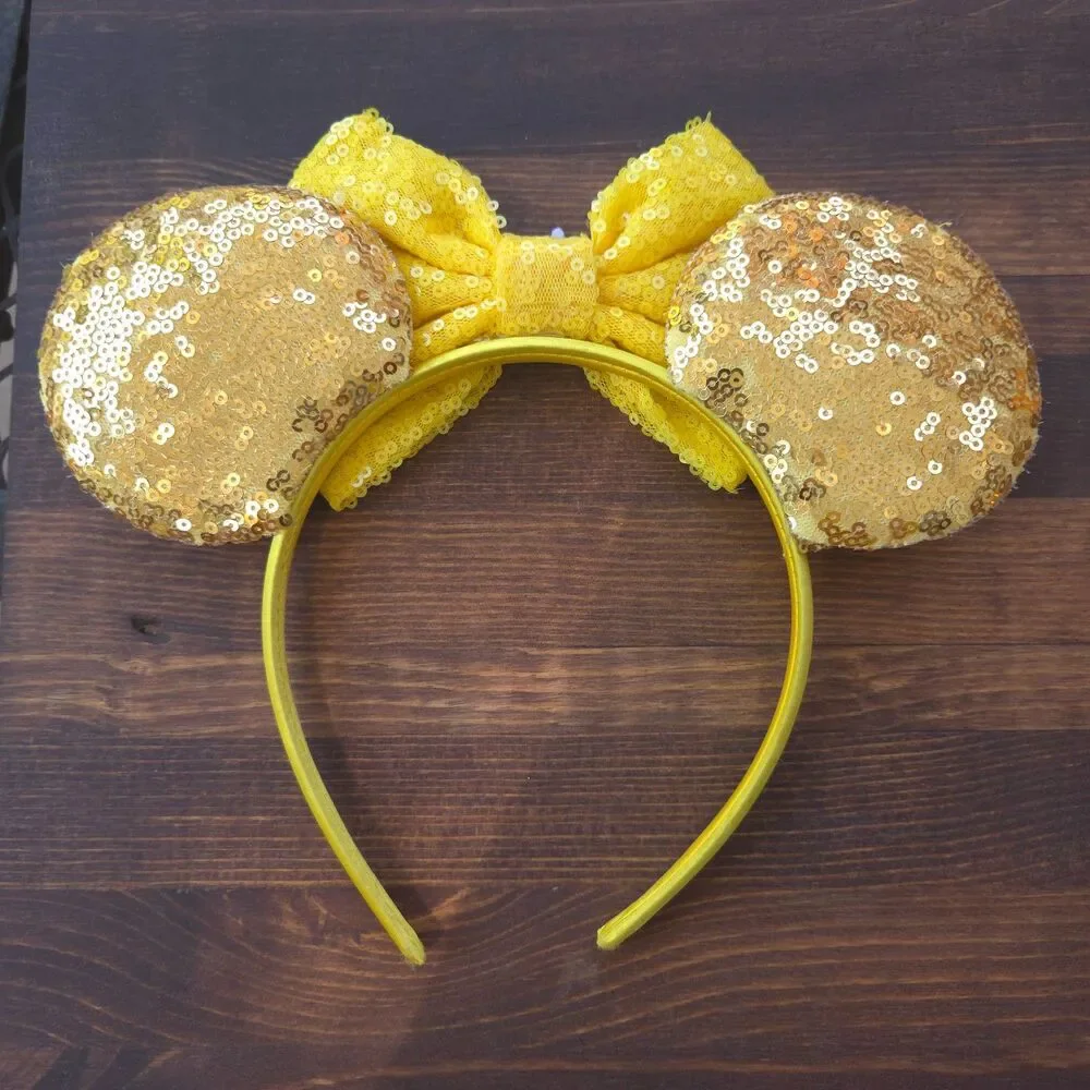 Disney Inspired Belle Minnie Mouse Ears Gold Sequin Princess Headband